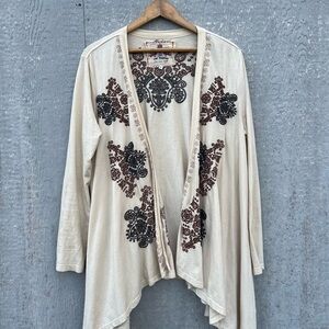 JW Los Angeles Open Cardigan Large  Boho Aztec Waterfall Embroider Brn/Beige